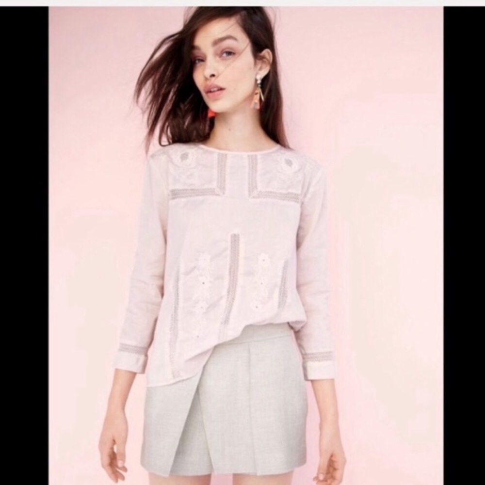 J. Crew Pale Pink Embroidered Long-Sleeve Blouse
